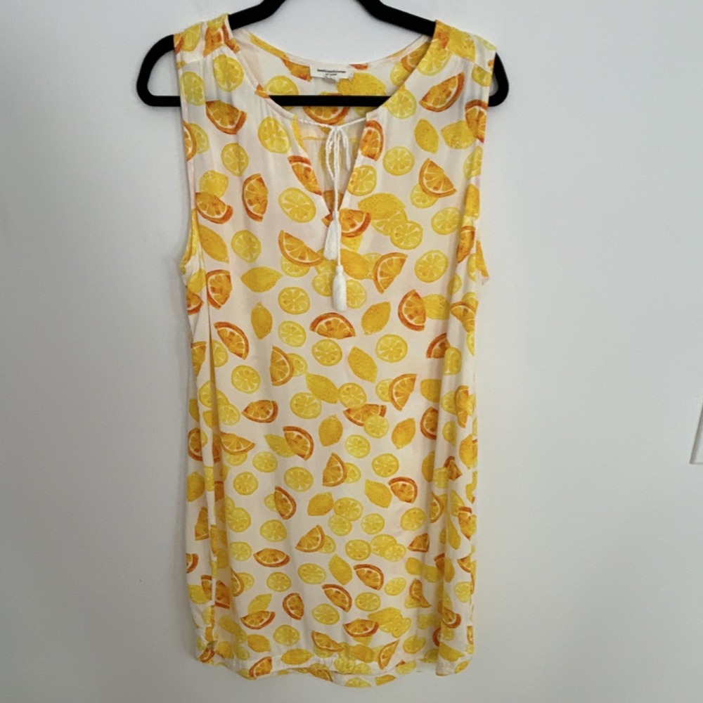 Beach Lunch Lounge Fruit Print Shift Dress V-Neck Sleeveless Knee White L/G